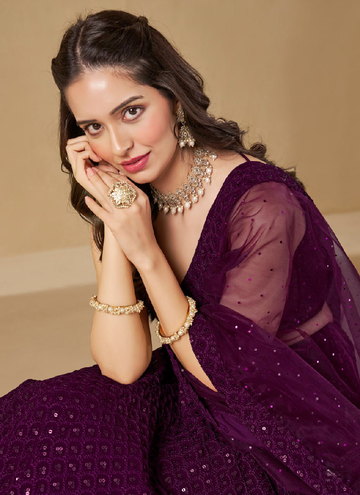 Mesmerizing Wine colored Georgette Lehenga with sequin and thread embroidery work.